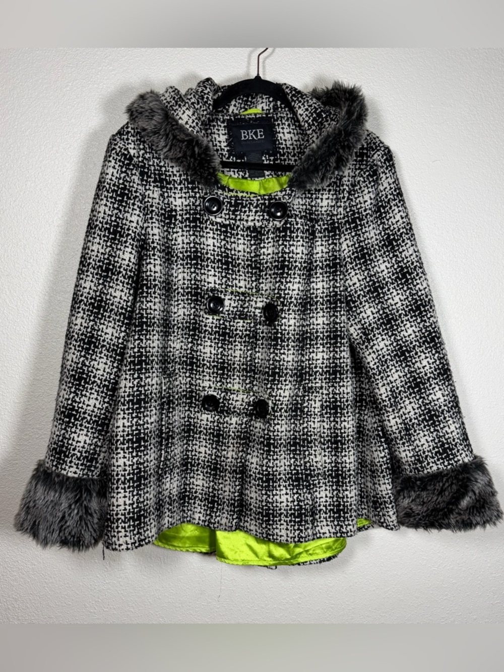 BKE Outerwear Black/White Tweed Double Breasted Lined Fur Trim Peacoat Wool XL